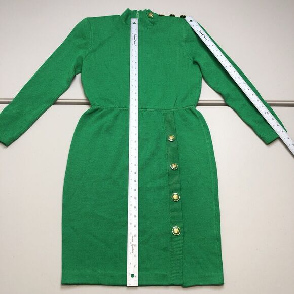ST. JOHN Kelly Green Knit Wool Sheath Dress Size 4 Gold Buttons Vintage - Picture 4 of 11